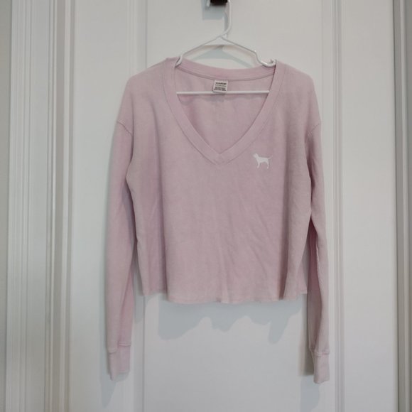 PINK Victoria's Secret oversized pink waffle cropped long-sleeve top, XS - Picture 2 of 5